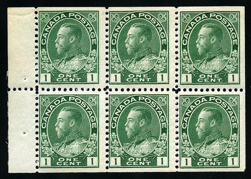 Roi Georges V - 1 cent 1911 - Canada Stamp - Booklet pane of 6 stamps