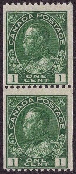 King Georges V - 1 cent 1915 - Canadian stamp - Scott 131 - Pair
