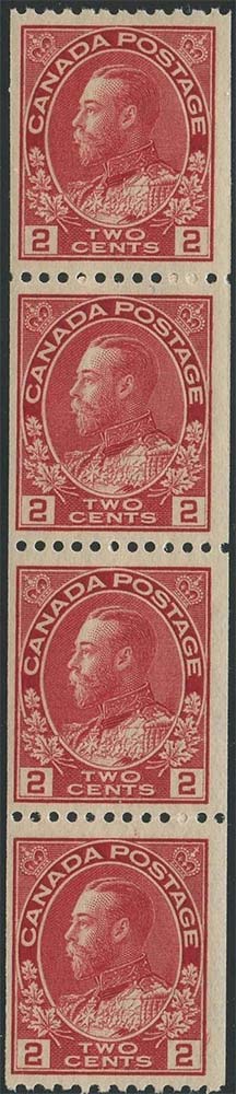 King Georges V - 2 cents 1915 - Canadian stamp - Scott 132 - Strip of 4