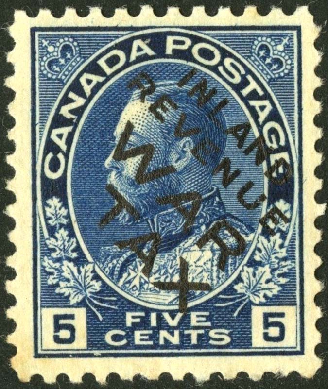 King Georges V - 5 cents 1921 - Canadian stamp - Scott MR2Bi - Overprint Inland revenue - War Tax