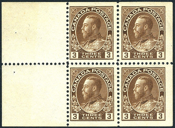 King Georges V - 3 cents 1918 - Canada Stamp - Booklet of 4 stamps + 2 labels