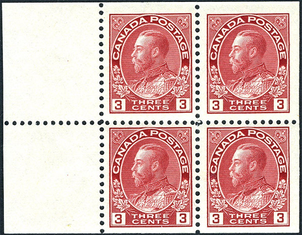 King Georges V - 3 cents 1923 - Canada Stamp - Booklet of 4 stamps + 2 labels