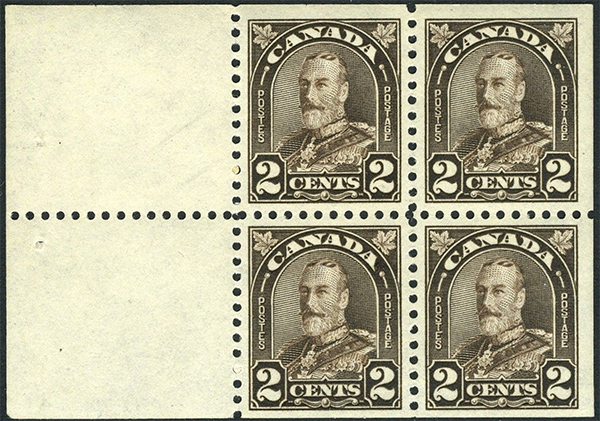 King George V - 2 cents 1931 - Canadian stamp - 166a - Booklet of 4 stamps + 2 labels