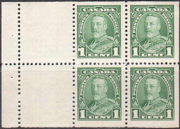 King Georges V - 1 cent 1935 - Canadian stamp - 217a - Booklet of 4 stamps + 2 labels
