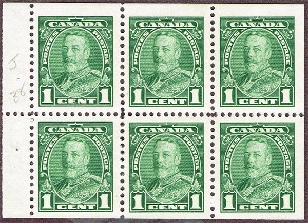 King Georges V - 1 cent 1935 - Canadian stamp - 217b - Booklet pane of 6