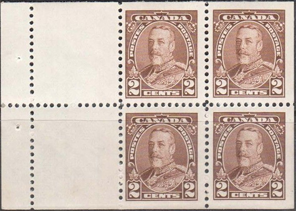 King Georges V - 2 cents 1935 - Canadian stamp - 218a - Booklet of 4 stamps + 2 labels