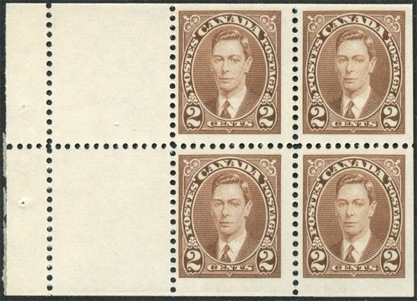 King George VI - 2 cents 1937 - Canadian stamp - 232a - Booklet pane of 4 + 2 labels