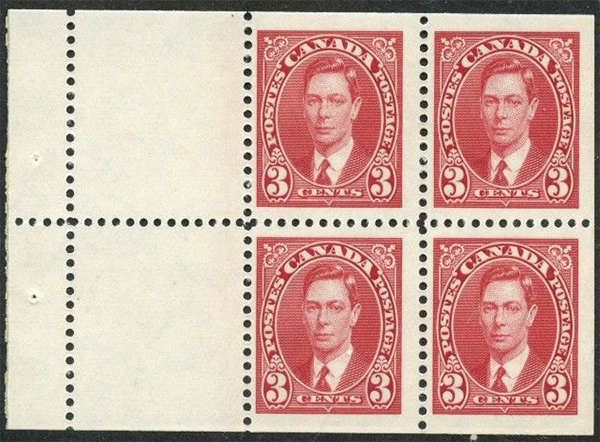 King George VI - 3 cents 1937 - Canadian stamp - 233a - Booklet pane of 4 + 2 labels