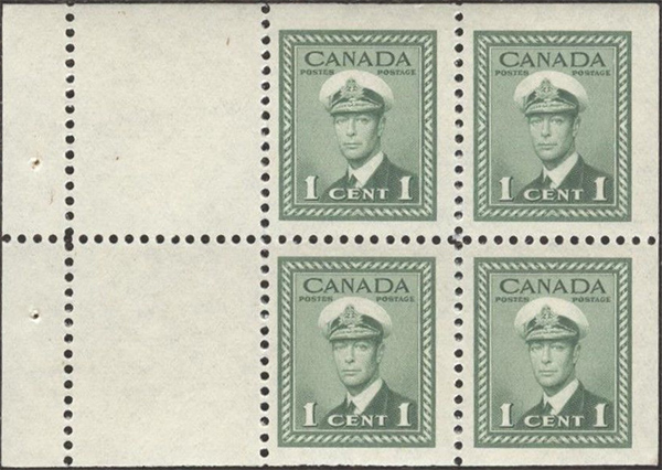 King George VI - 1 cent 1942 - Canadian stamp - 249a - Booklet of 4 stamps + 2 labels
