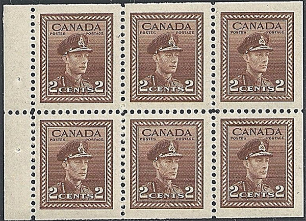 King George VI - 2 cents 1942 - Canadian stamp - 250b -  Booklet pane of 6