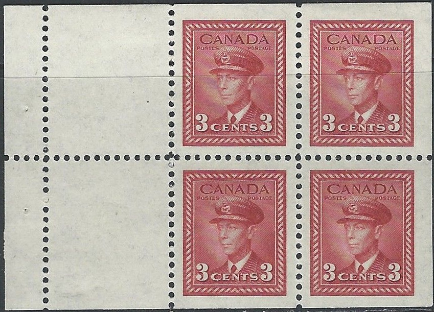 King George VI - 3 cents 1942 - Canadian stamp - 251a - Booklet of 4 stamps + 2 labels