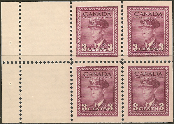 King George VI - 3 cents 1943 - Canadian stamp - 252a - Booklet of 4 stamps + 2 labels