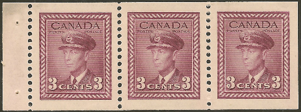 King George VI - 3 cents 1943 - Canadian stamp - 252b - Booklet pane of 3