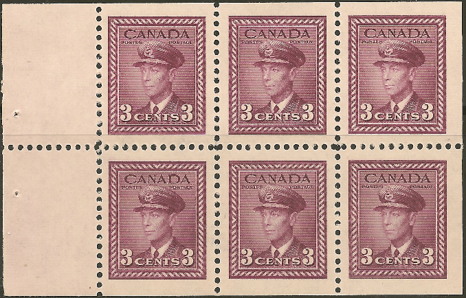 King George VI - 3 cents 1943 - Canadian stamp - 252c - Booklet pane of 6