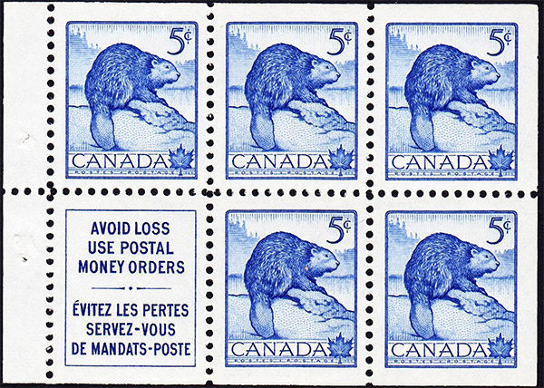 Beaver - 5 cents 1954 - Canadian stamp - 336a - Booklet pane of 5