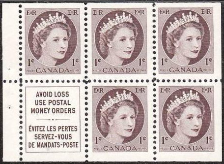 Queen Elizabeth II - 1 cent 1954 - Canadian stamp - 337a - Booklet pane of 5 + label