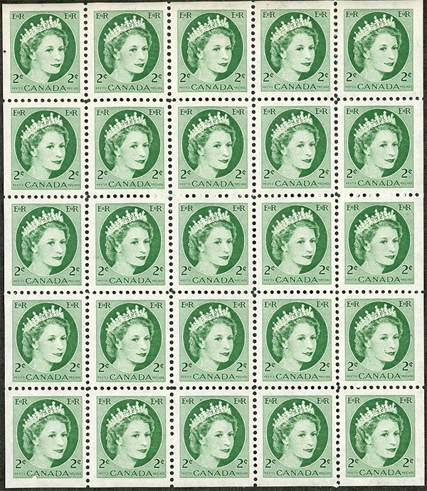 Queen Elizabeth II - 2 cents 1954 - Canadian stamp - 338a - Miniature pane of 25