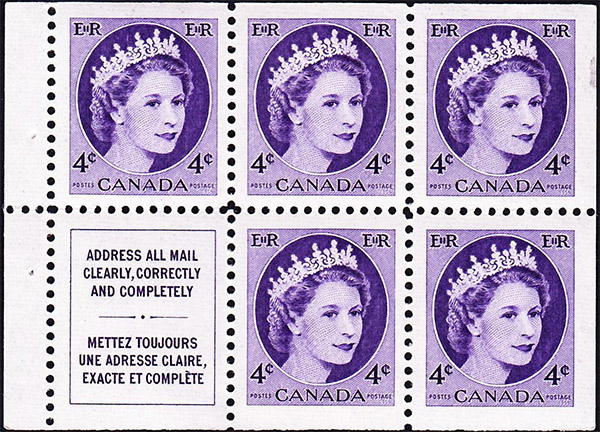 Queen Elizabeth II - 4 cents 1954 - Canadian stamp - 340a - Booklet pane of 5 + label
