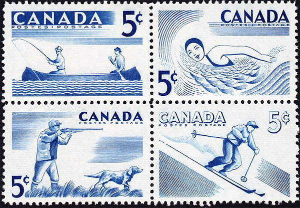 Skiing - 5 cents 1957 - Canadian stamp - 368a - Block of 4 - 365 to 368
