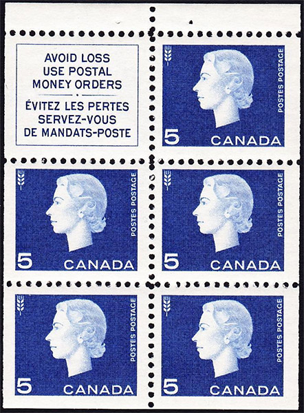 Queen Elizabeth II - 5 cents 1962 - Canadian stamp - 405a - Booklet pane of 5 + label