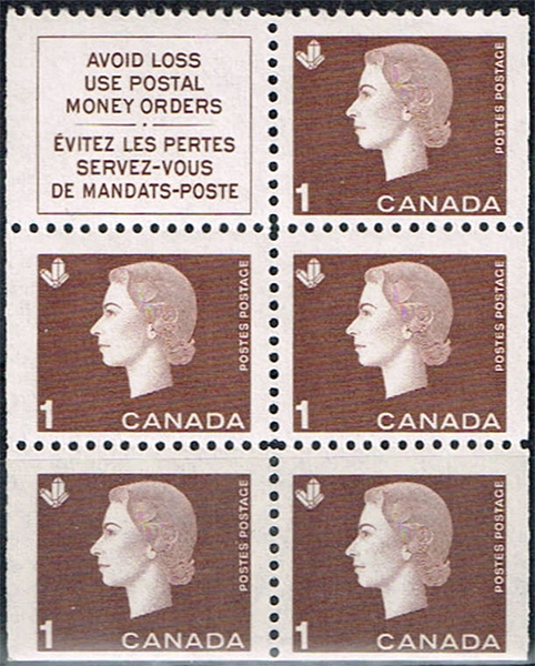 Queen Elizabeth II - 1 cent 1963 - Canadian stamp - 401a - Booklet pane of 5 + label