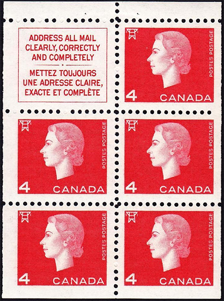 Queen Elizabeth II - 4 cents 1963 - Canadian stamp - 404a - Booklet pane of 5 + label