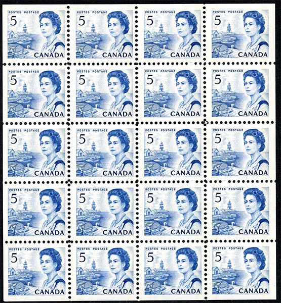 Queen Elizabeth II, Atlantic Coast - 5 cents 1967 - Canadian stamp - 458b - Booklet pane of 20