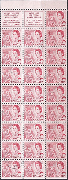 Queen Elizabeth II, Mid-Canada Seaway View - 4 cents 1967 - Canadian stamp - 457c - Booklet pane of 25 + 2 labels