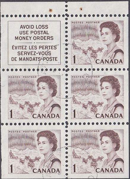 1967 - Queen Elizabeth II, Northern Regions - 1 cent 1967 - Canadian stamp - 454a - Booklet pane of 5 + label