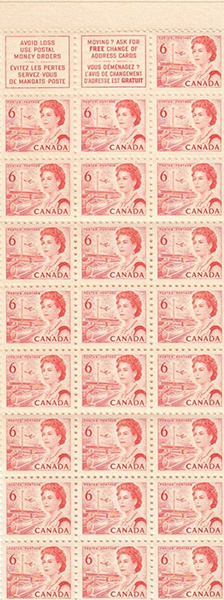 Queen Elizabeth II, Transport and Communications - 6 cents 1968 - Canadian stamp - 459a - Booklet pane of 25 + 2 labels
