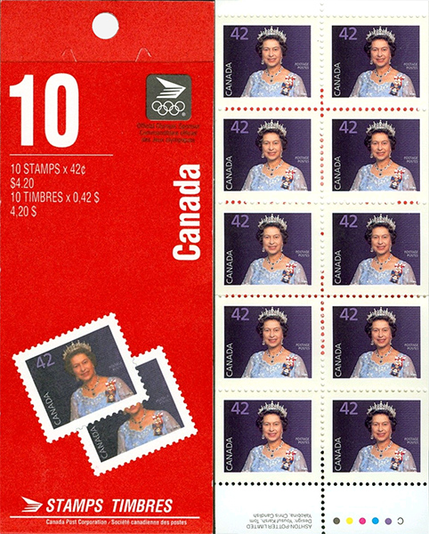 Reine Elizabeth II - 42 cents 1991 - Timbre canadien - 1357a - Booklet pane of 10