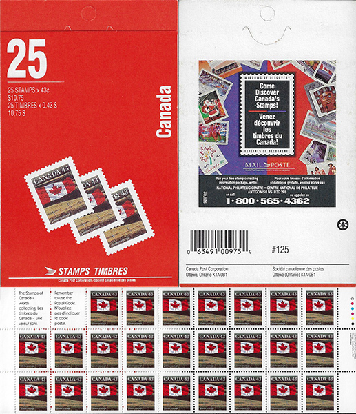 Le drapeau - 43 cents 1992 - Timbre du Canada - 1359b - Booklet pane of 25 + 2 labels