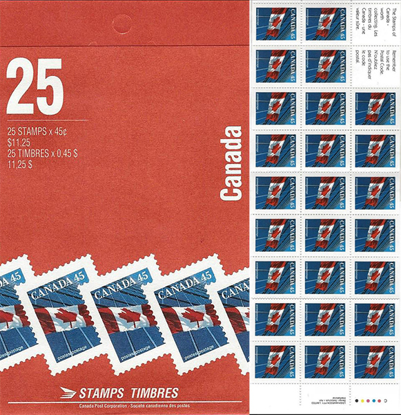 Le drapeau - 45 cents 1995 - Timbre du Canada - 1361a - Booklet pane of 25 + 2 labels