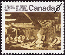 Timbre de 1974 - Intérieur d'une maison à Nootka Sound - Timbre du Canada